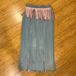 Rare unique vintage denim skirt with pink leather fringe